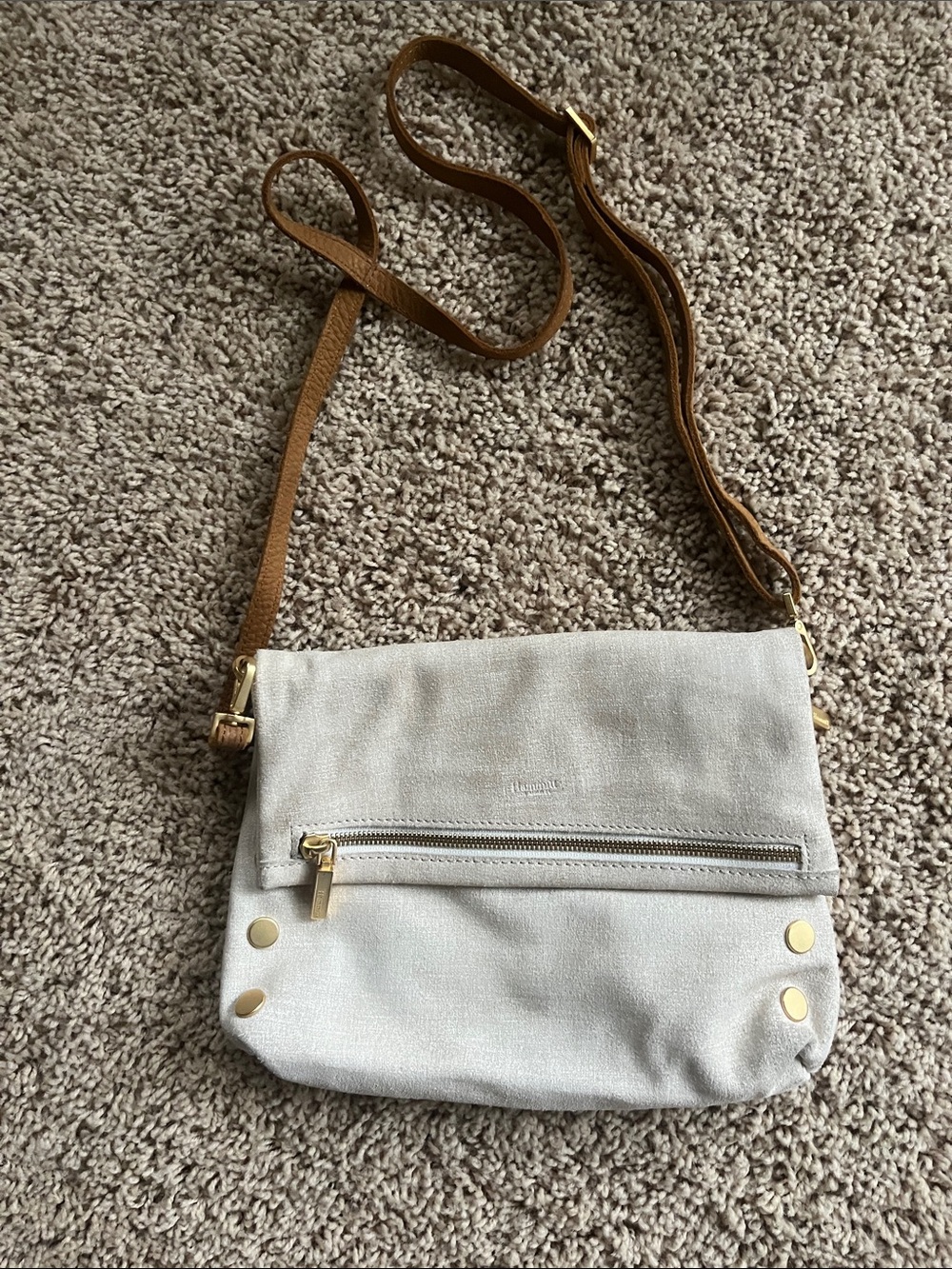 Light Cream Crossbody Shoulder Bag with Brown Strap